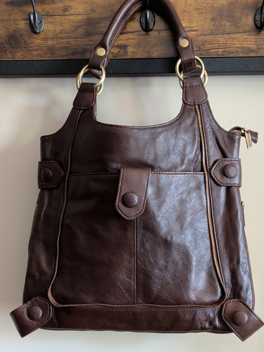 Elegant Dark Brown Leather Shoulder Bag with Gold Hardware